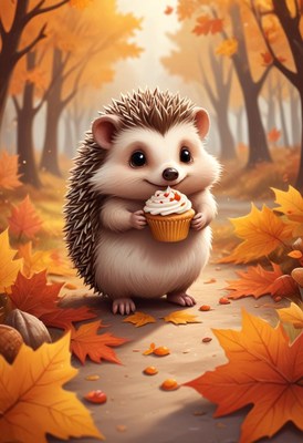 Cute hedgehog enjoying a cupcake in autumn forest