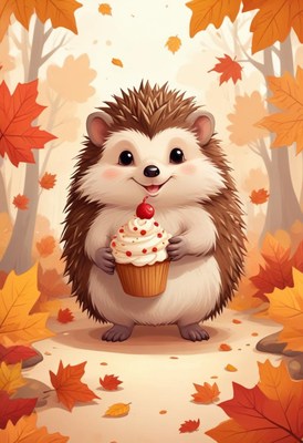 Cute hedgehog holding cupcake in autumn forest scene