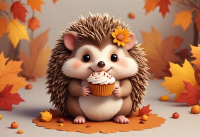 Cute hedgehog enjoying a cupcake in autumn setting