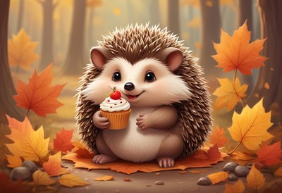Cute hedgehog holding a cupcake in a forest setting