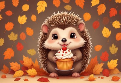 Cute hedgehog holding a cupcake in autumn leaves