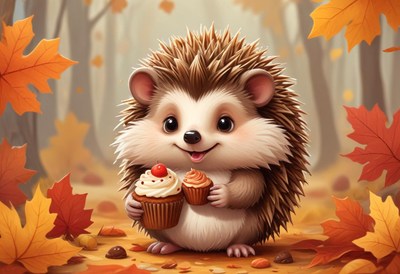 Hedgehog enjoying cupcakes in an autumn forest