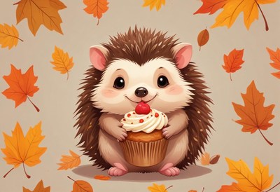 Cute hedgehog holding a cupcake among autumn leaves