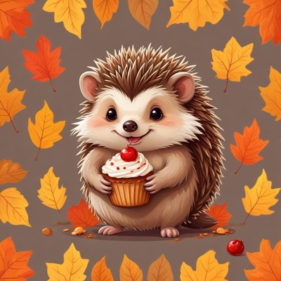 Cute hedgehog holding cupcake among autumn leaves