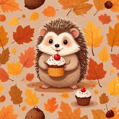 Cute hedgehog enjoying cupcakes in autumn leaves