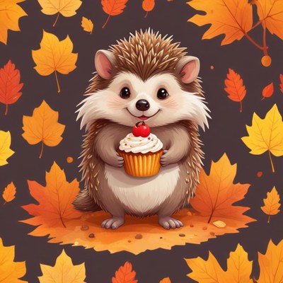 Cute hedgehog holding a cupcake among autumn leaves