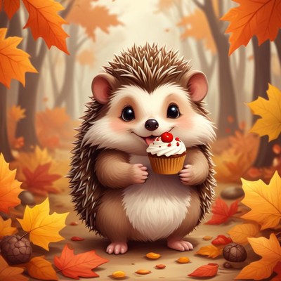 Cute hedgehog holding a cupcake in autumn forest