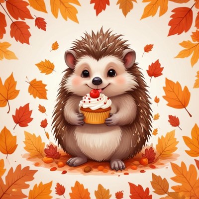 Cute hedgehog holds cupcake surrounded by autumn leaves