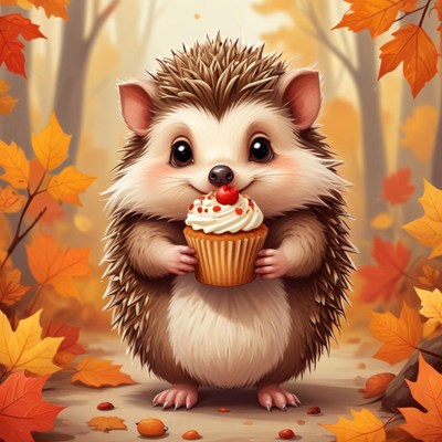 Hedgehog enjoying a cupcake in autumn leaves