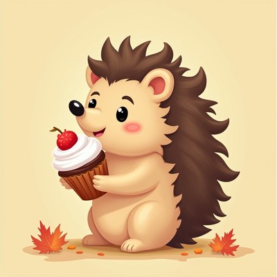 Cute hedgehog enjoys cupcake in autumn setting