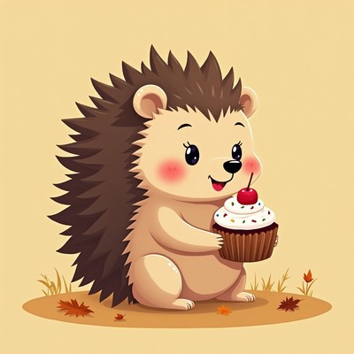 Cute hedgehog with cupcake on a sunny autumn day