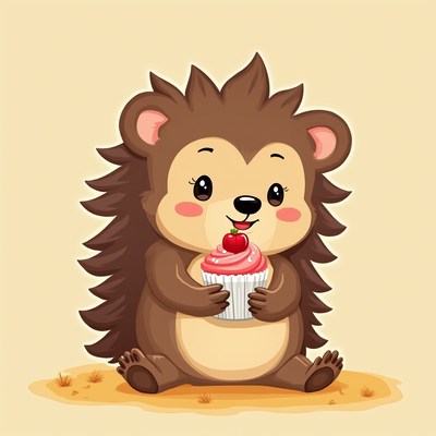 Cute hedgehog enjoys a cupcake in a cozy setting