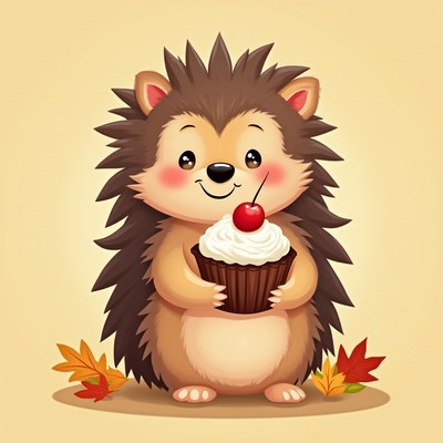 Cute hedgehog holding a cupcake with autumn leaves