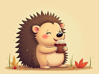 Cute hedgehog enjoying a cupcake in autumn setting