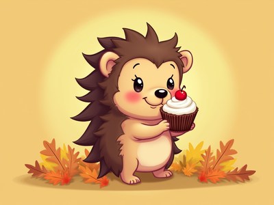 Cute hedgehog smiling with a cupcake in autumn leaves
