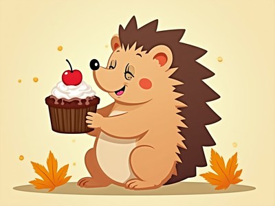 Cute hedgehog enjoying a cupcake in fall setting