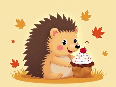 Happy hedgehog enjoying a cupcake in autumn