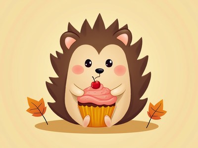 Hedgehog enjoys a cupcake in a cozy autumn setting