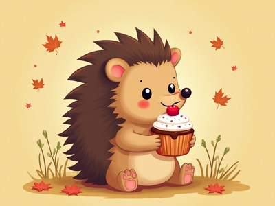 Cute hedgehog enjoying a cupcake in autumn leaves