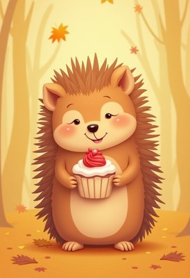 Cute hedgehog holding a cupcake in autumn forest scene