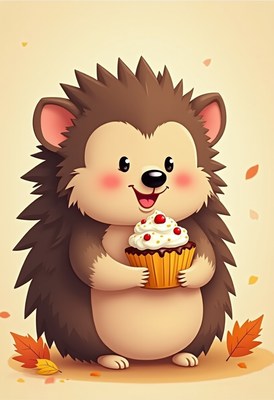 Cute hedgehog holding a cupcake in autumn setting
