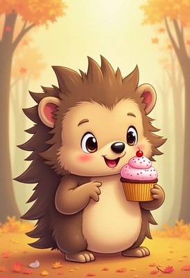 Cute hedgehog enjoys cupcake in autumn forest