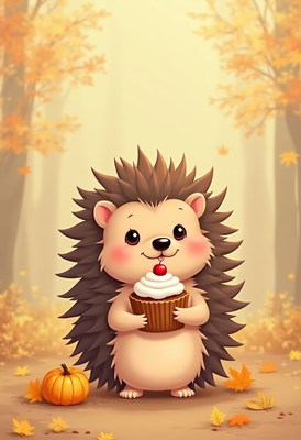 Cute hedgehog holding a cupcake in a forest during autumn