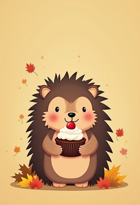 Cute hedgehog holding cupcake in autumn setting