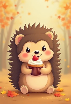 Cute hedgehog holding a cupcake in a forest setting