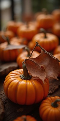 Bright orange pumpkins surrounded by autumn leaves