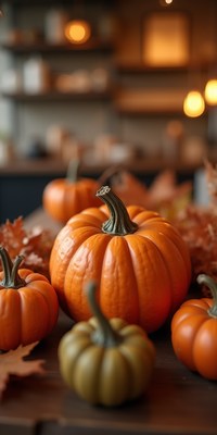 Autumn pumpkins displayed on a rustic table setting