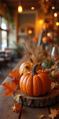 Autumn decorating with pumpkins and leaves in a cozy space