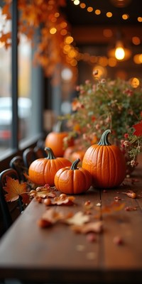 Cozy autumn scene with pumpkins and fall decorations
