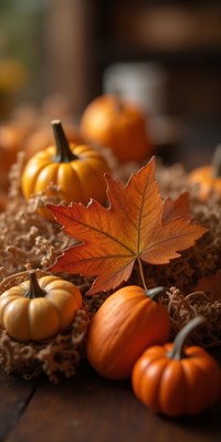 Colorful pumpkins and autumn leaves create a cozy scene