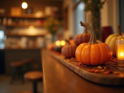 Pumpkins and candles create a cozy fall atmosphere in cafe