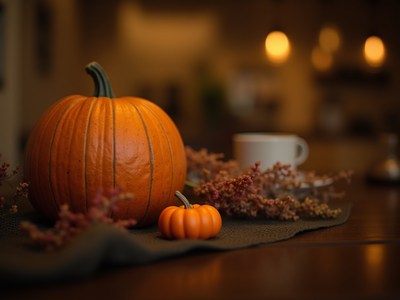 Vibrant pumpkins and warm cup in cozy autumn setting