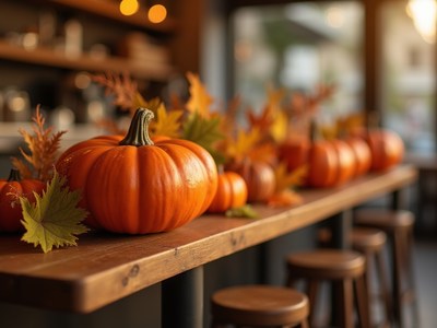 Decorative pumpkins on a wooden table in autumn setting