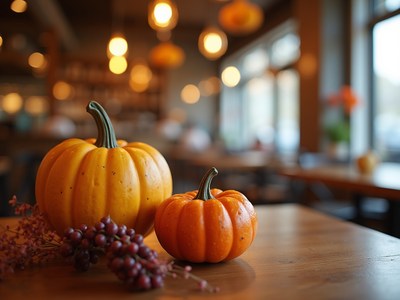 Fall decorations with pumpkins and berries in a cozy cafe