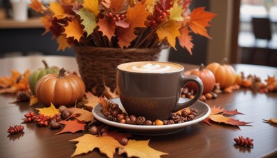 Cozy autumn scene with coffee and seasonal decorations