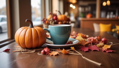 Cozy autumn scene with pumpkin and coffee cup