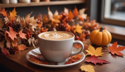 Cozy coffee cup surrounded by autumn leaves and decor