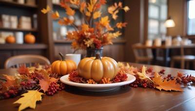 Fall decoration with pumpkins and autumn leaves on table