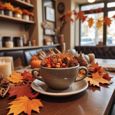 Fall centerpiece with leaves and spices in a cafÃ©