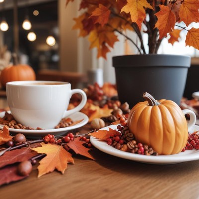 Beautiful autumn table setting with coffee and decorations
