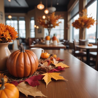 Cozy cafe interior decorated for autumn season