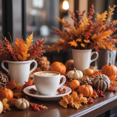 Cozy autumn coffee with pumpkins and flowers