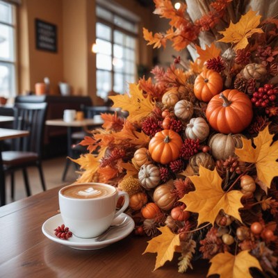 Cozy autumn cafe scene with decor and coffee