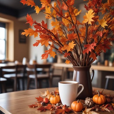 Autumn decor with coffee and pumpkins in cozy cafe