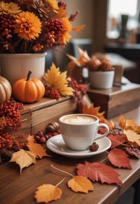 Cozy autumn coffee scene with seasonal decor and leaves