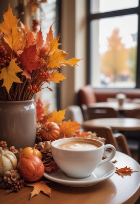 Cozy autumn scene with coffee and colorful leaves